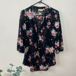 Black & Pink Sheer Floral Vera Wang Princess Blouse Medium Juniors Long Sleeve